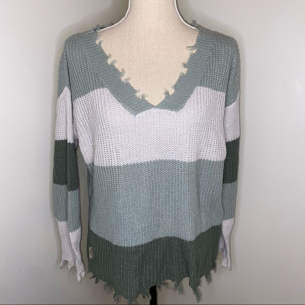 Simply Southern distressed striped V-neck gray green shaker sweater size Medium